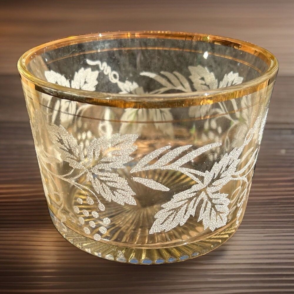 Glass Bowl Ice Bucket Frosted Grapes & Leaves Gold Rim Starburst Libbey Vintage
